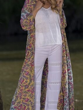 Cienna Design Silk Blend Kimono Caitlyn Duster Beach Cover-Up Gold Leaf